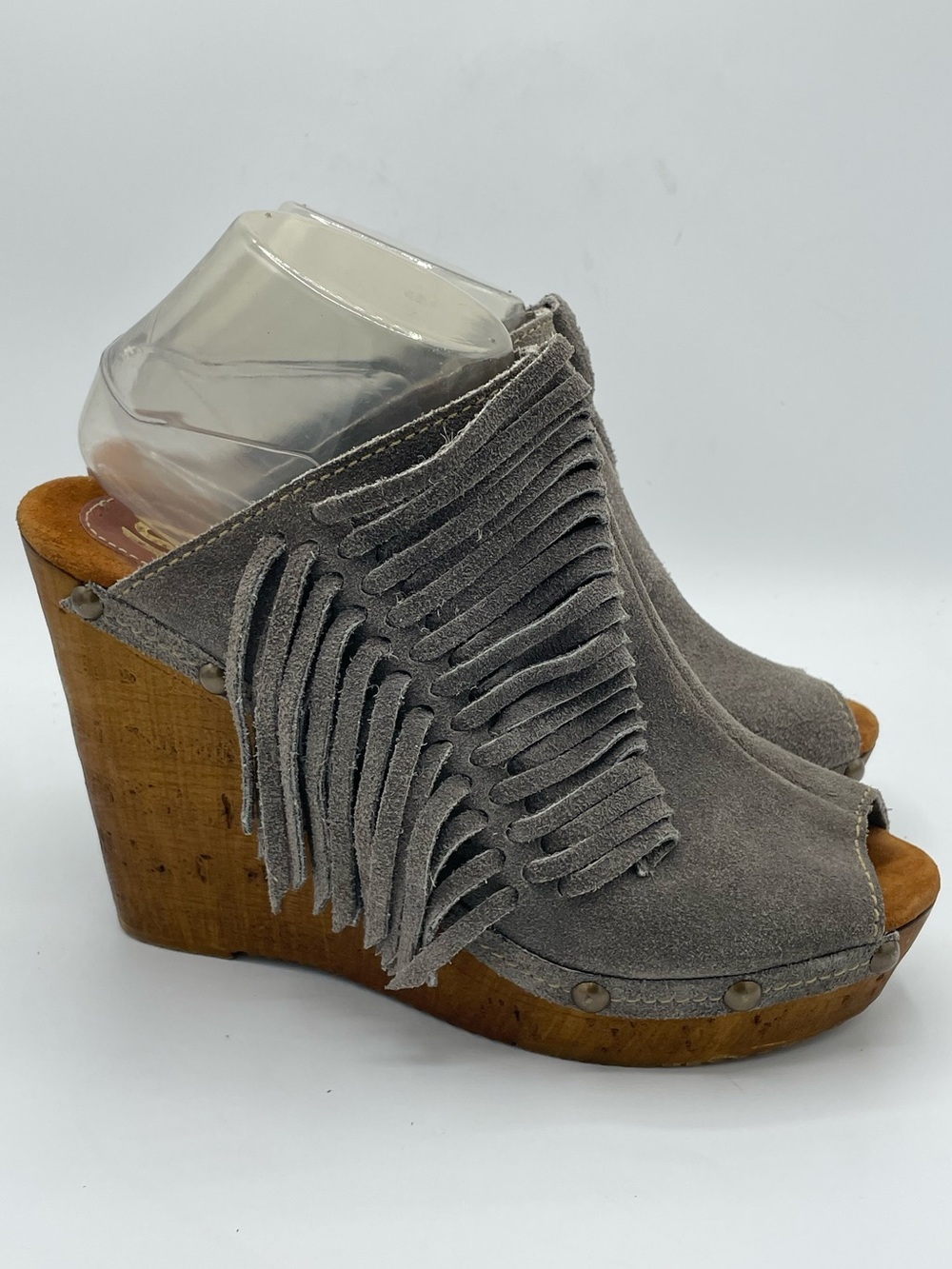 Sbicca Vintage Collection Outfield Fringed Suede Peep-Toe Wedge Sandals in Gray